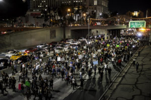 LOS ANGELES, CALIF. -- THURSDAY, NOVEMBER 10, 2016: Anti-Trump protesters flood the 101 freeway as they protest the President-Elect Donald Trump in Los Angeles, Calif., on Nov. 10, 2016. (Marcus Yam / Los Angeles Times via Getty Images)